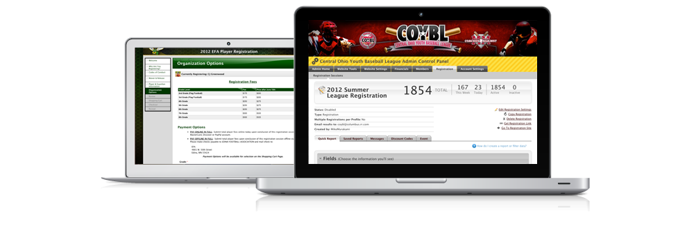Football, soccer, baseball, softball, lacrosse, and hockey online registration software.