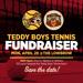 Maroon tinted image of tennis court at Lake Hiawatha Park. Graphic:  Teddy Boys Tennis Fundraiser Mon, April 28 @The Lowbrow. Dine-in, Takeout or Delivery 10% goes towards the Teddy Boys Tennis team!