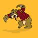Image of the mascot of the Minneapolis Roosevelt High School Teddies athletic teams in South Minneapolis, MN. “Teddy” is an illustration of a bear with it’s paws raised up as it growls, it wears a maroon sweater with a yellow/gold “R” emblazoned on the fr