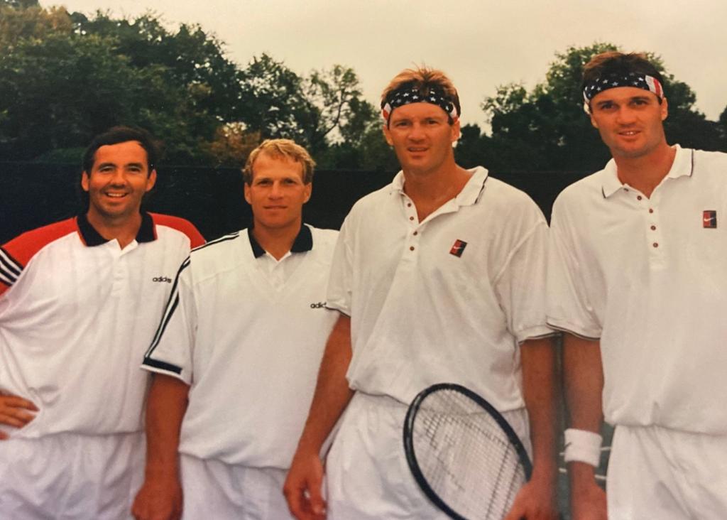Minneapolis Roosevelt alumn Greg Wicklund with ATP touring pro Richey Reneberg, Gopher teammate Mark Wheaton, and ATP touring pro David Wheaton