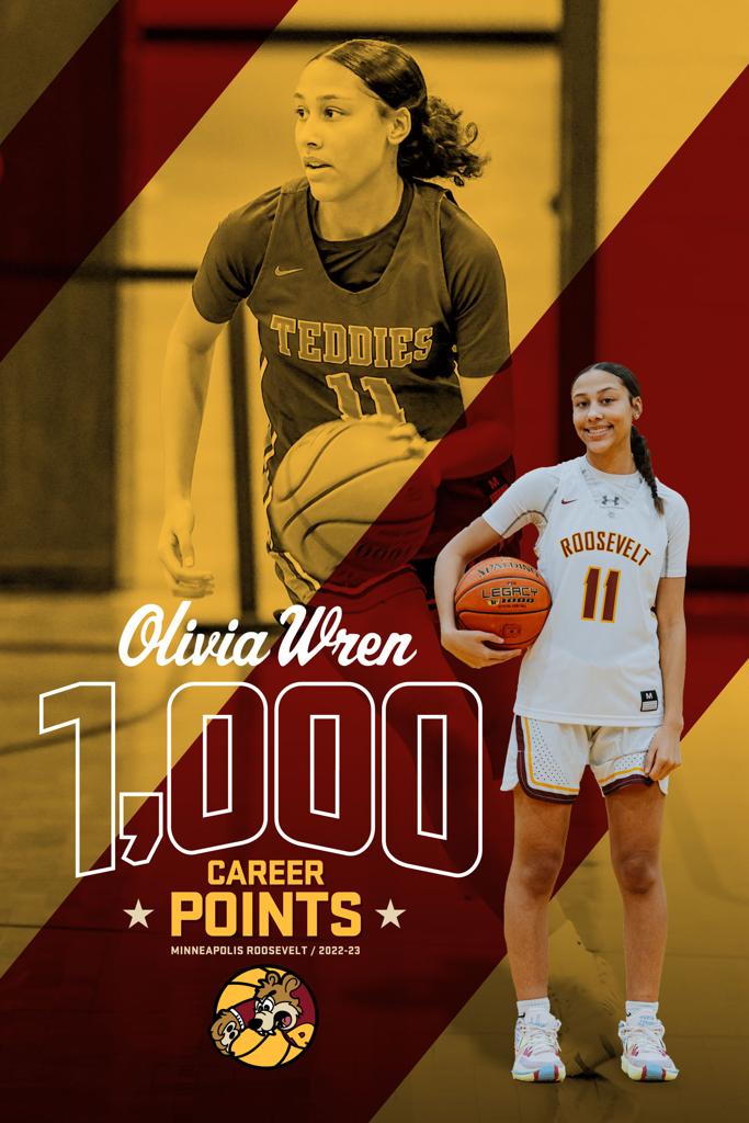 Poster of Minneapolis Roosevelt High School Basketball player Olivia Wren commemorating her 1,000 career point milestone