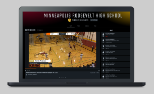 Image of a laptop computer. On the screen is the Minneapolis Roosevelt High School athletics HUDL streaming page featuring a live stream of a basketball game.