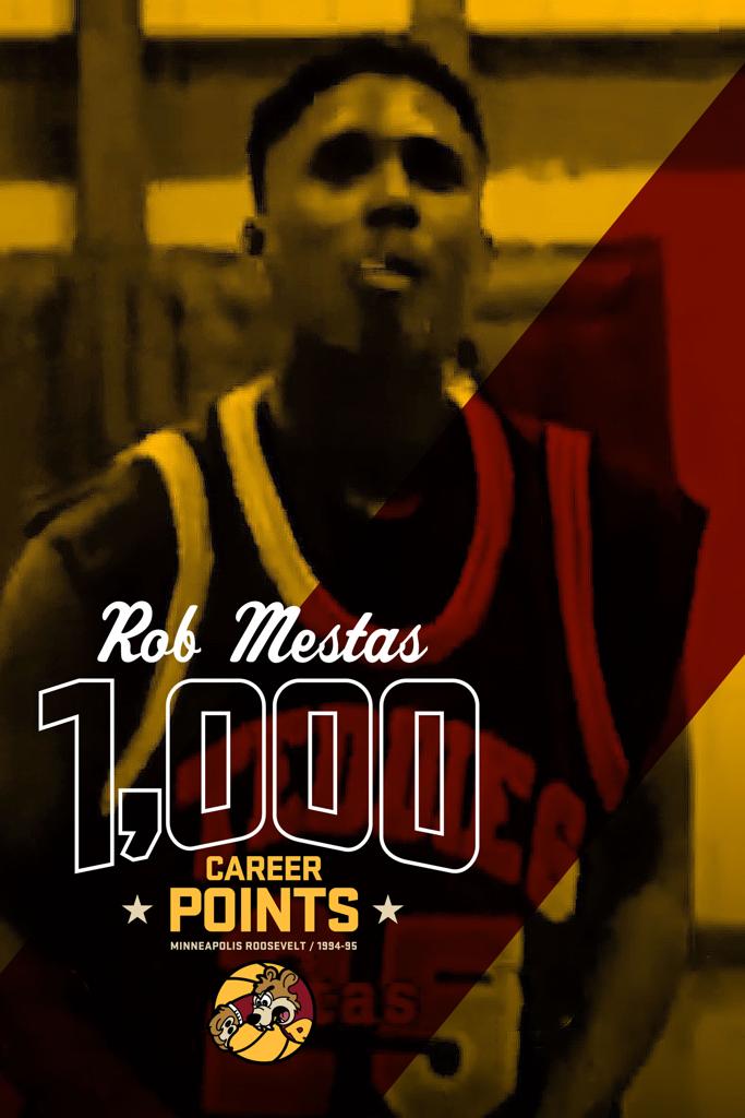 Poster of Minneapolis Roosevelt High School Basketball player Rob Mestas commemorating his 1,000 career point milestone