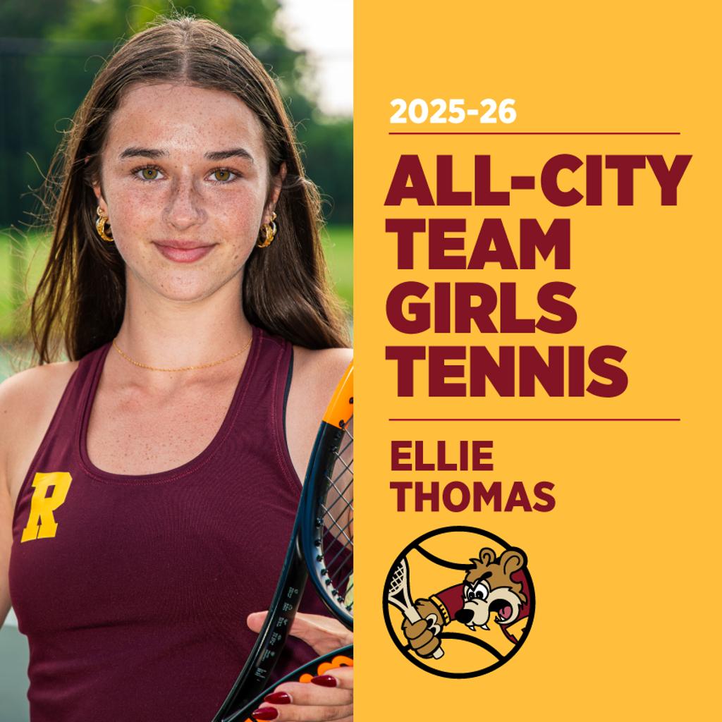 Image of Minneapolis Roosevelt High School Teddy Tennis player posing with her racquet in front of the net. On the right is graphic text: 2025-26 All-City Team Girls Tennis, Ellie Thomas
