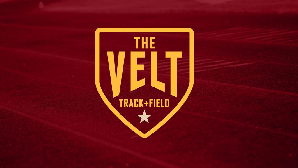 Image of a maroon-tinted photo of the Al Gowans track at Minneapolis Roosevelt High School. Superimposed over the top of the image is a type graphic consisting of an outline of a shield shape. Inside are words THE VELT TRACK+FIELD. The word “the” is small