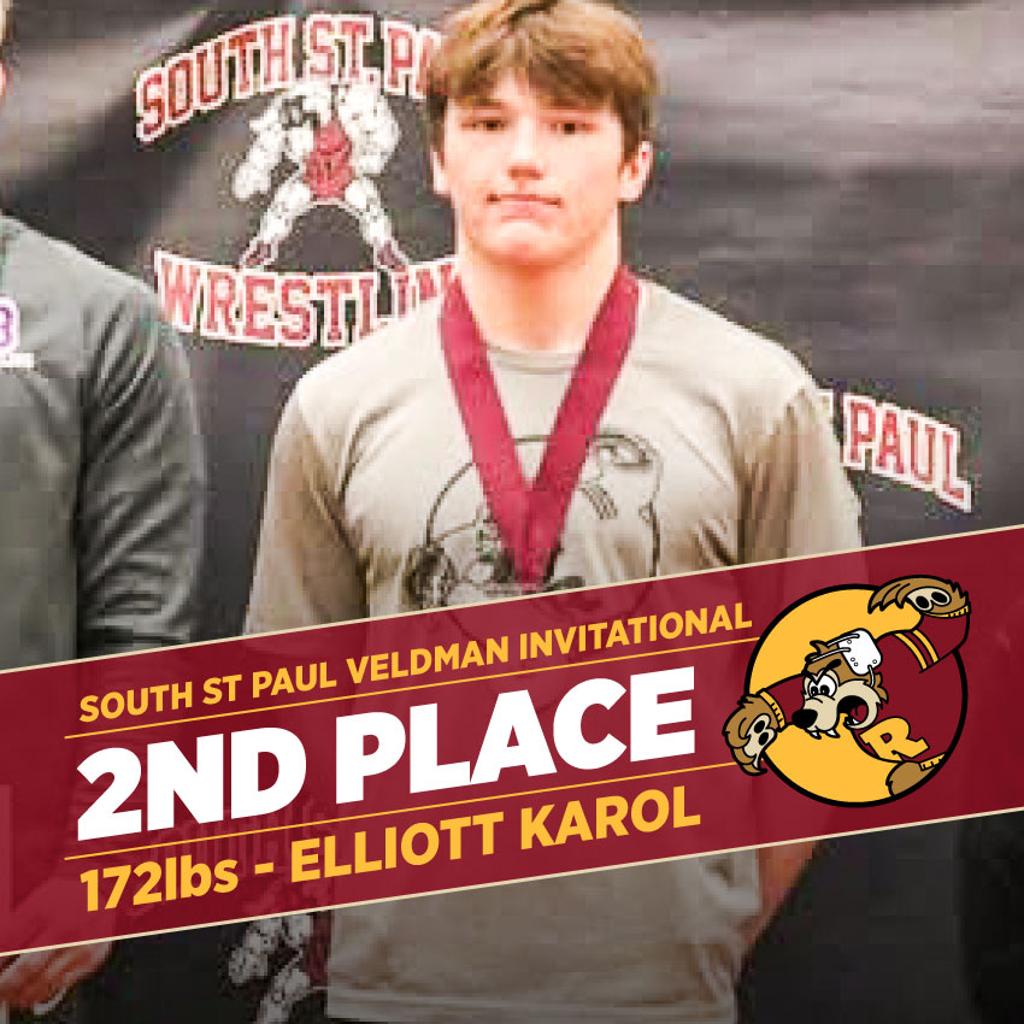 Graphic: Teddy Wrestling South St Paul Veldman Invitational 2nd place Elliott Karol, 172