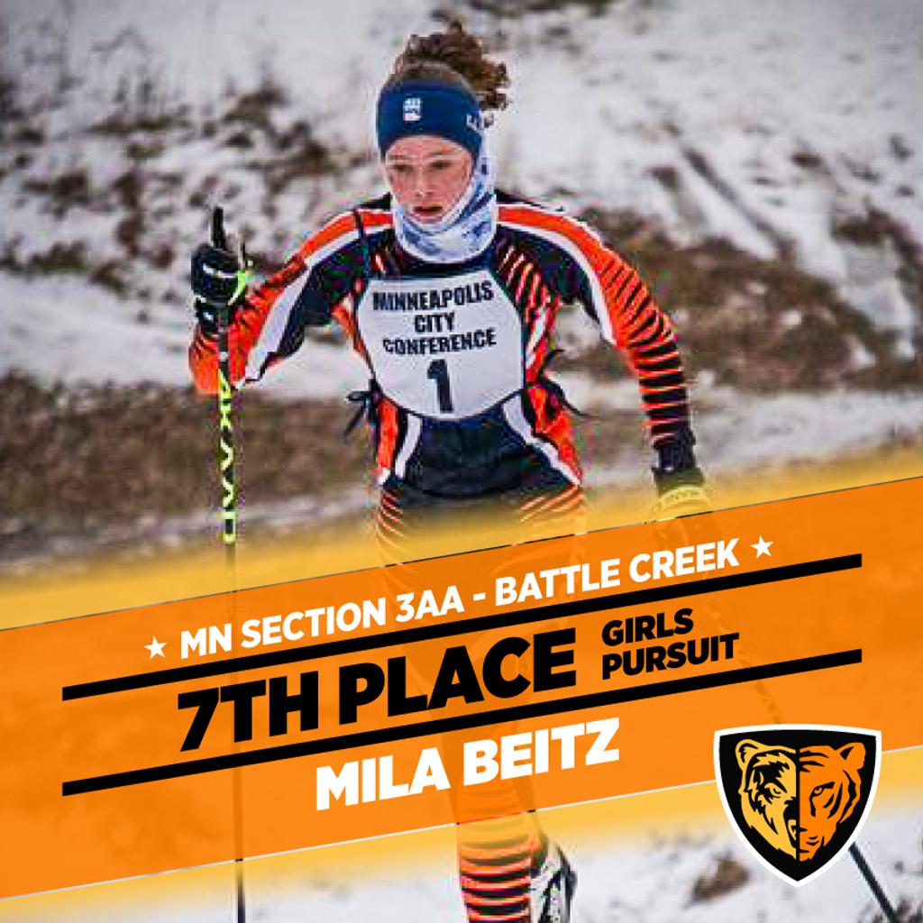 Graphic: MN Section3AA Battle Creek. 7th Place Girls Pursuit. Mila Beitz
