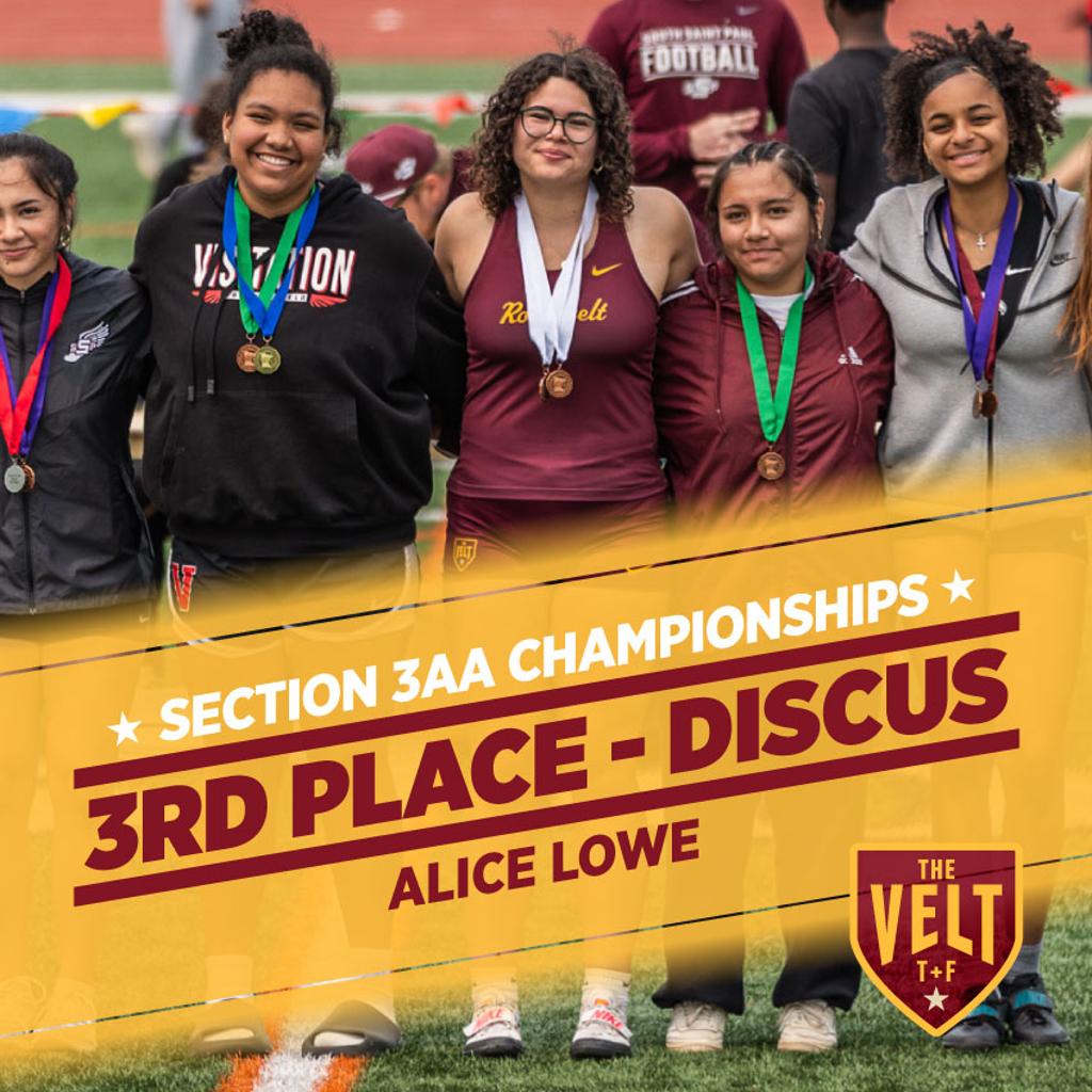 Image of Minneapolis Roosevelt thrower Alice Lowe on the podium at the Section 3AA Meet with graphic: Section 3AA Championships, 3rd Place - Discus, Alice Lowe