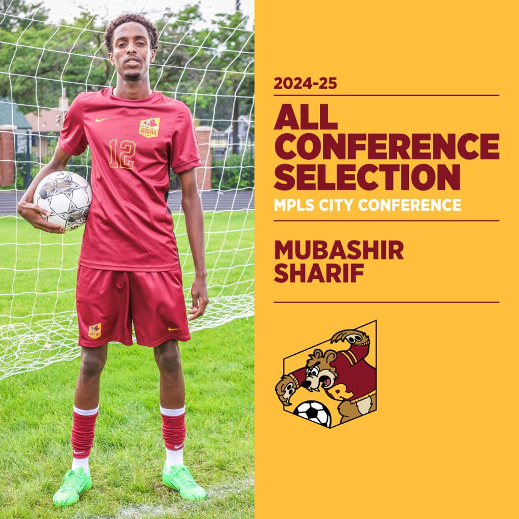 Image of Minneapolis Roosevelt High School Teddy Soccer player Mubashir Sharif posing for the camera while holding a soccer ball. Graphic: 2024-25 All Conference Selection, Mpls City Conference, Mubashir Sharif 