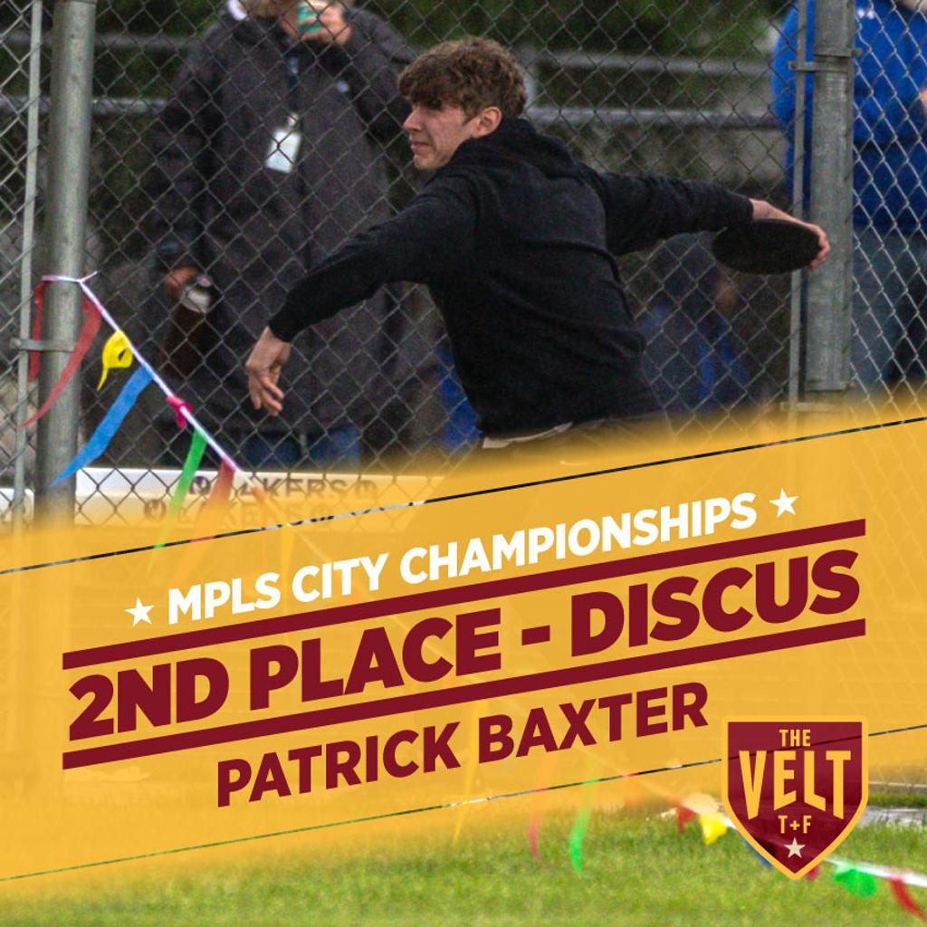Image of Minneapolis Roosevelt Discus thrower Patrick Baxter as he lets it rip during his discus throw at the Minneapolis City Championships