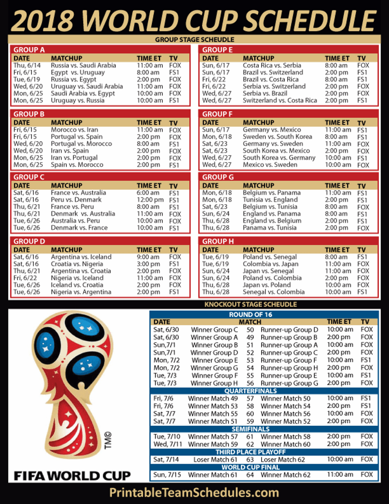 2018 FIFA World Cup Begins Click For Schedule 
