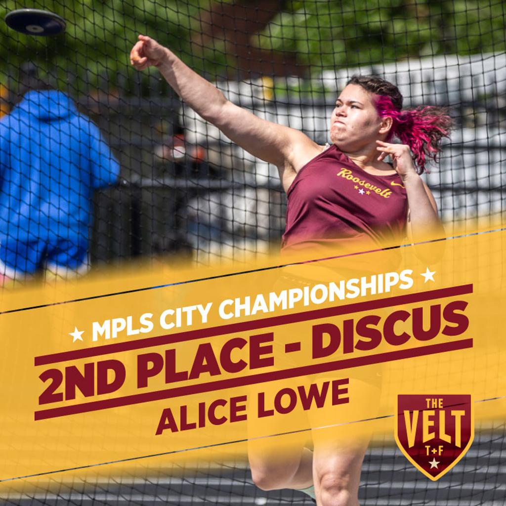 Image of Minneapolis Roosevelt Discus thrower Alice Lowe as she lets it rip during her discus throw at the Minneapolis City Championships