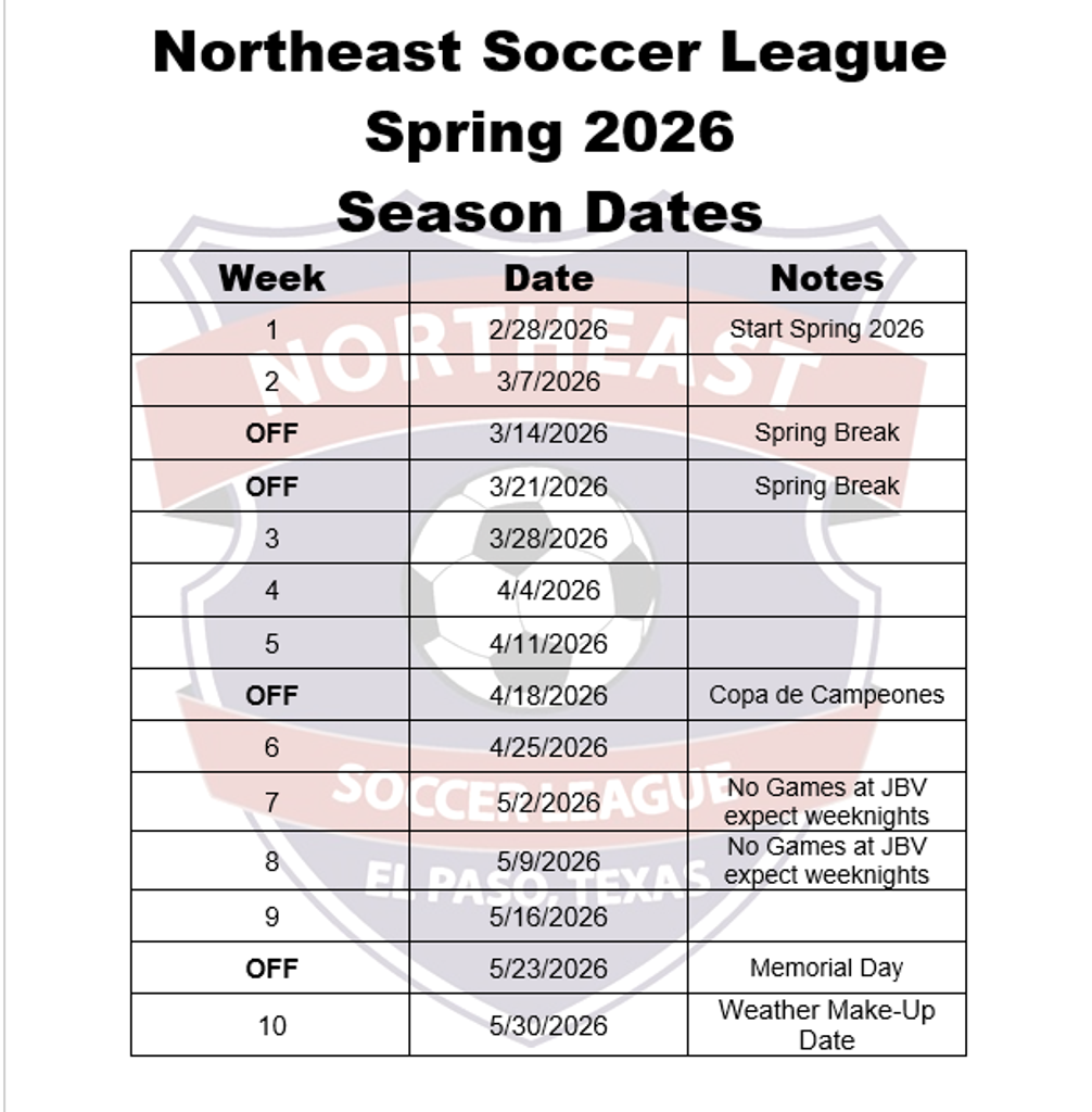 NESL SPRING 2026 Anticipated Dates