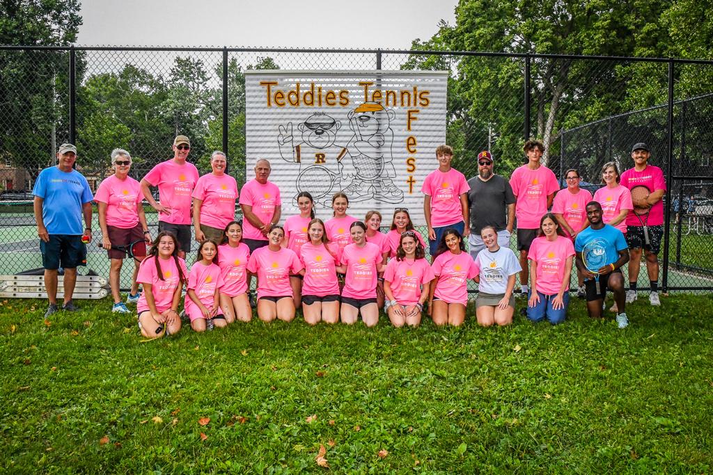 Minneapolis Roosevelt Tennis players and coaches gathered together at Lake Hiawatha tennis courts during Teddies Tennis Fest