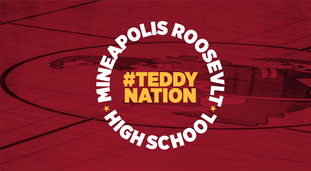 Image of a maroon-tinted photo of the Minneapolis Roosevelt High School’s Jack Wells Gymnasium floor. The image is focused on the Teddy mascot within the center of the basketball court. Superimposed over the top is a Text Graphic with letters curving arou