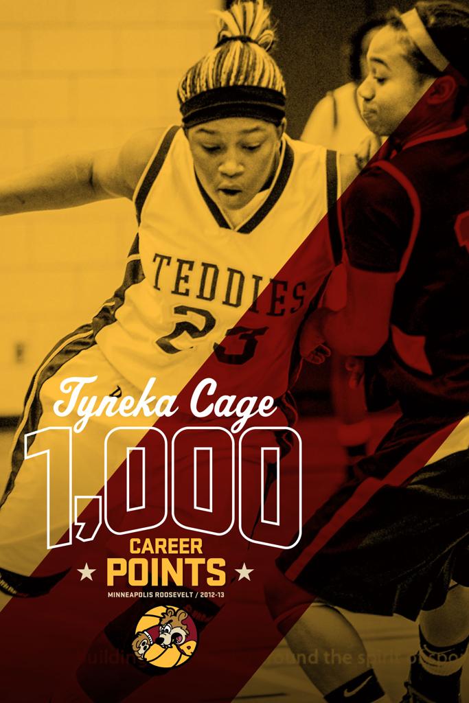 Poster of Minneapolis Roosevelt High School Basketball player Tyneka Cage commemorating his 1,000 career point milestone