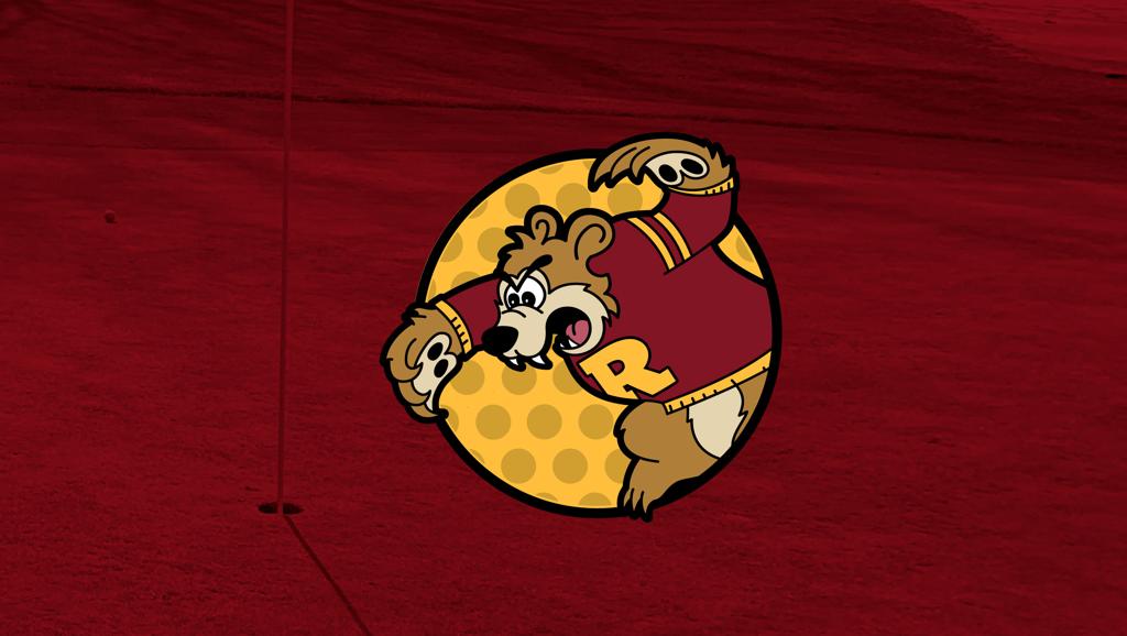 Image of a maroon-tinted photo of hole at Fort Snelling golf course. Graphic: Circle golf ball logo with Teddy Mascot