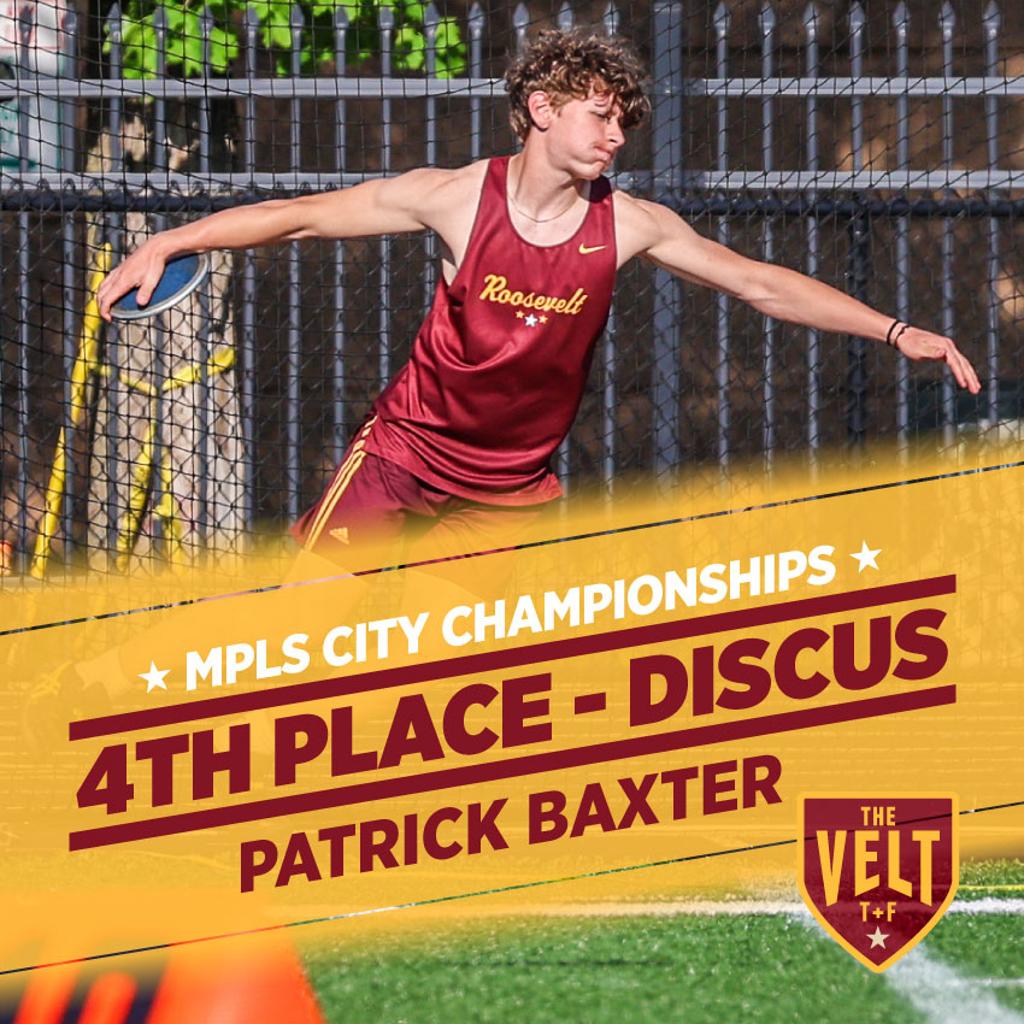Image of Minneapolis Roosevelt Discus thrower Patrick Baxter as he lets it rip during his discus throw at the Minneapolis City Championships