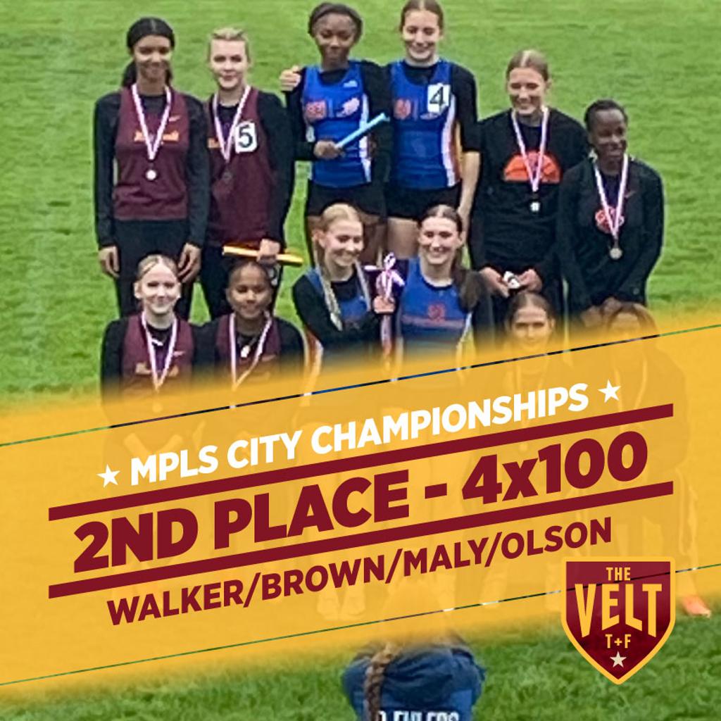 Image of Minneapolis Roosevelt girls 4x100 relay team on the awards podium in 2nd place at the Mpls City Championships