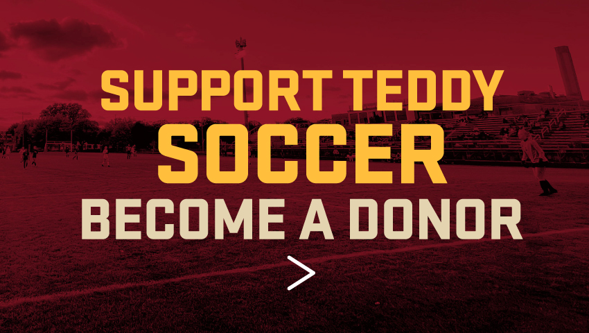 Maroon-tinted image of Al Gowans Stadium field during a Minneapolis Roosevelt High School Soccer game in the early evening. Text: Support Teddy Soccer Become a Donor