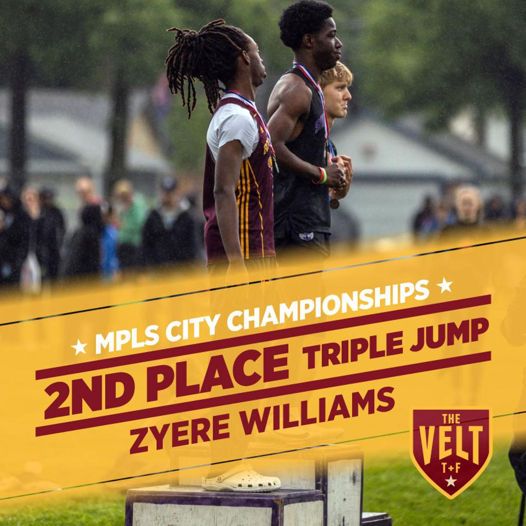 Image of Minneapolis Roosevelt triple jumper Zyere Williams on the awards podium in 2nd place at the Mpls City Championships