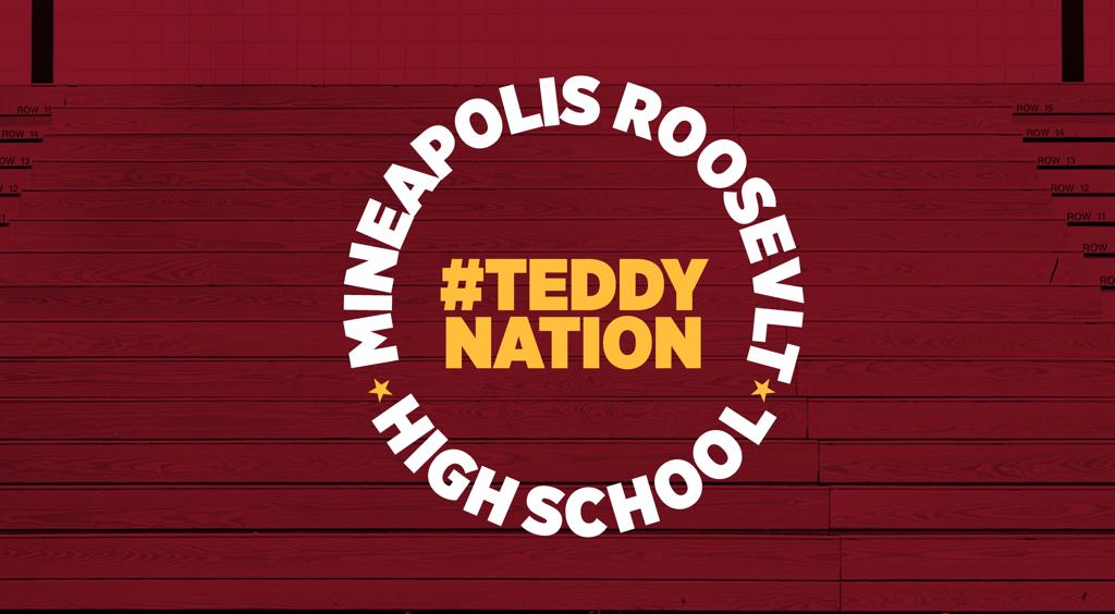 Maroon tinted image of the Minneapolis Roosevelt High School Jack Wells Gymnasium bleechers. Graphic: Minneapolis Roosevelt High School #TeddyNation