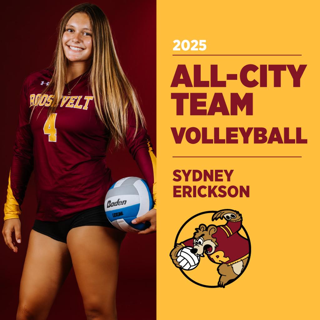Image: Minneapolis Roosevelt High School Volleyball player posing for camera with graphic: 2025 All-Conference Team Volleyball Sydney Erickson
