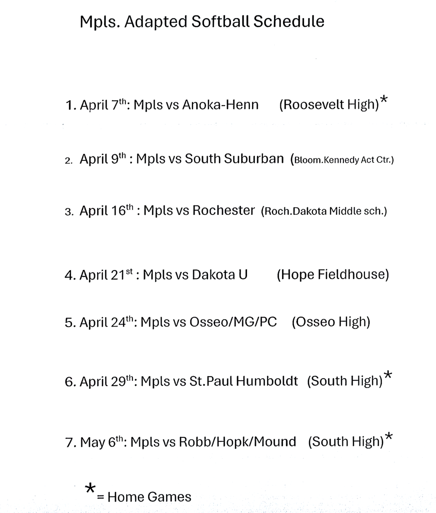 Minneapolis Roosevelt Adapted Softball 2025 Game Schedule