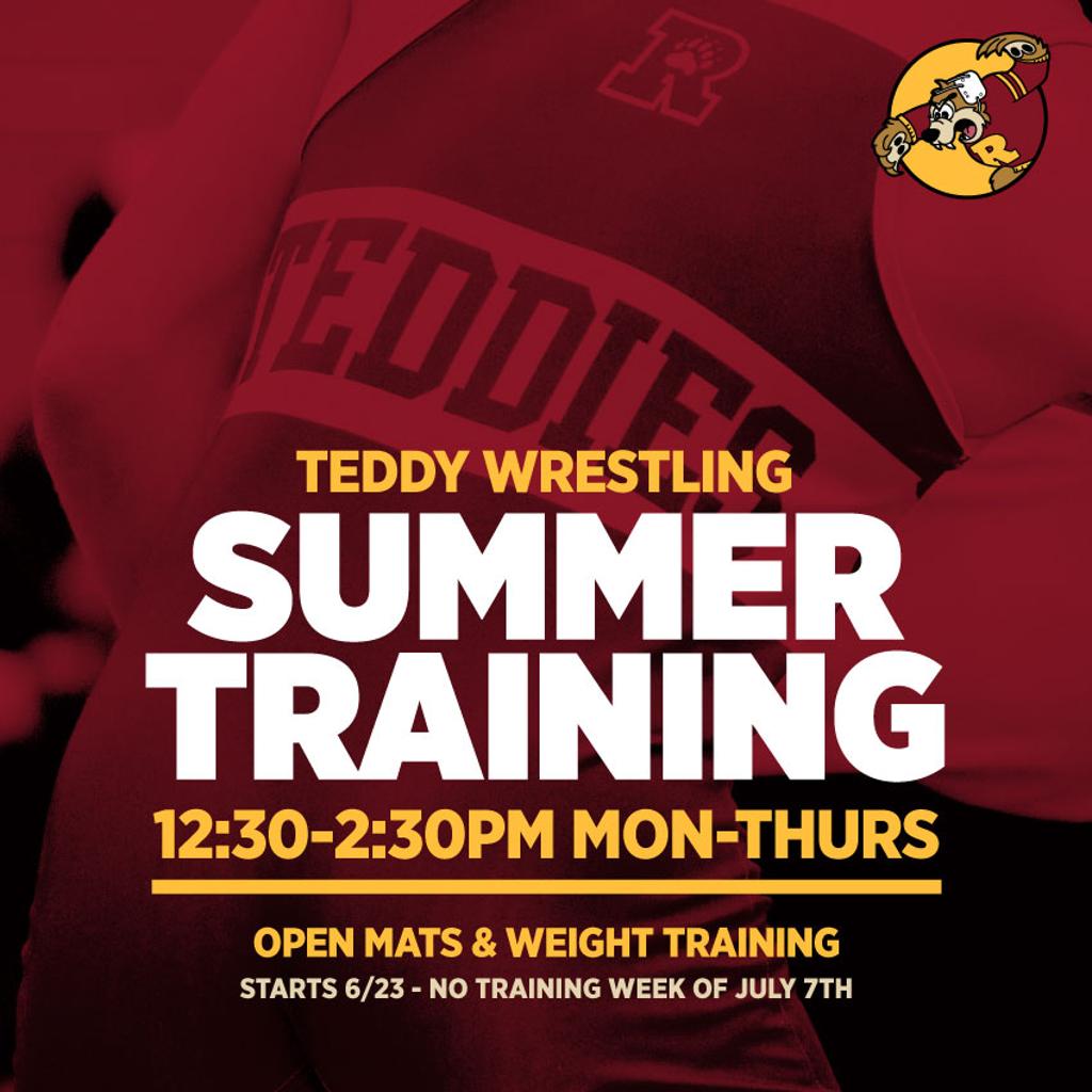 Graphic: Summer Training 12:30-2:30pm / Mon-Thurs. Location: wrestling room, no training June 30 thru July 3