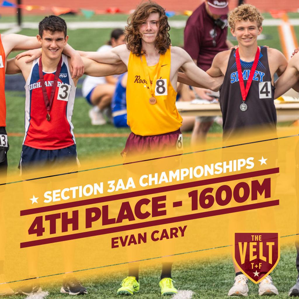Image of Minneapolis Roosevelt 1600m runner Evan Cary on the awards podium. Graphic: Section 3AA Championships 4th place-1600m Evan Cary