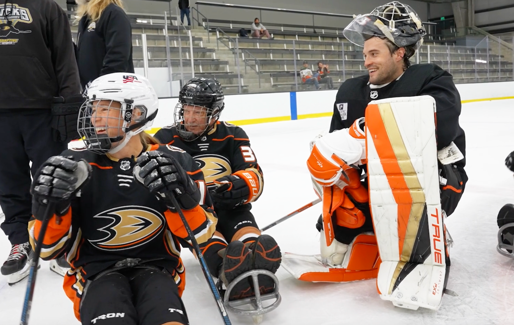 John Gibson skates with the sled team representing the Anaheim Ducks in the 12th Annual USA Hockey Sled Classic presented by the NHL.